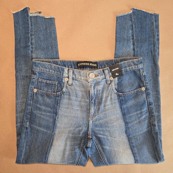 Express Two Tone Raw Hem Mid Rise Girlfriend Jeans - Picture 1 of 12